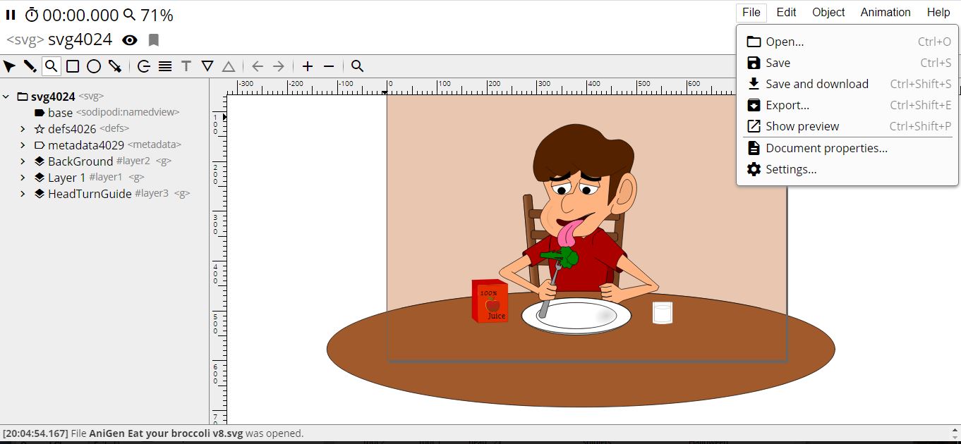 SVG SMIL inkscape animation loaded into aniGen ready for Export.